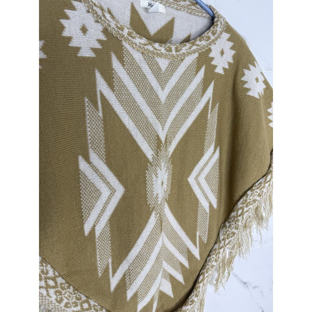 VTG Mudd OSFM Beige Ivory Knit Poncho Pullover Fringe Boho Hippie Festival Aztec - Picture 3 of 7
